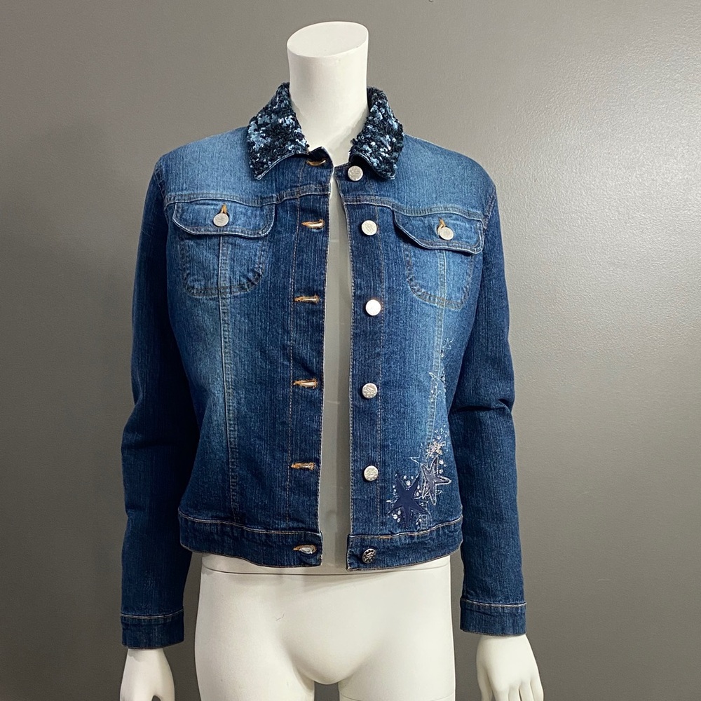 Blumarine Denim Jacket with Sequin Collar Embroidery on back Size small - Picture 2 of 15